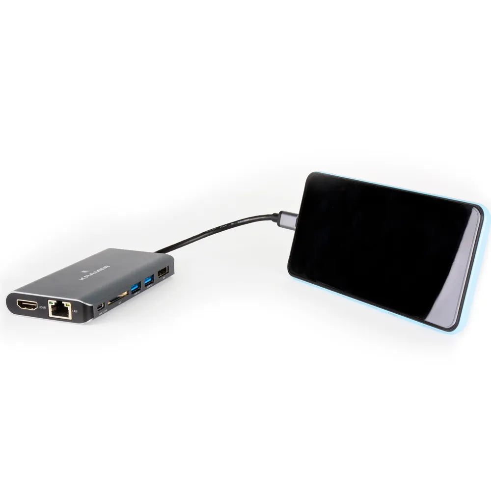 KDock-3 Adaptador USB-C Multipuerto y Conexión GbE conectado a un móvil